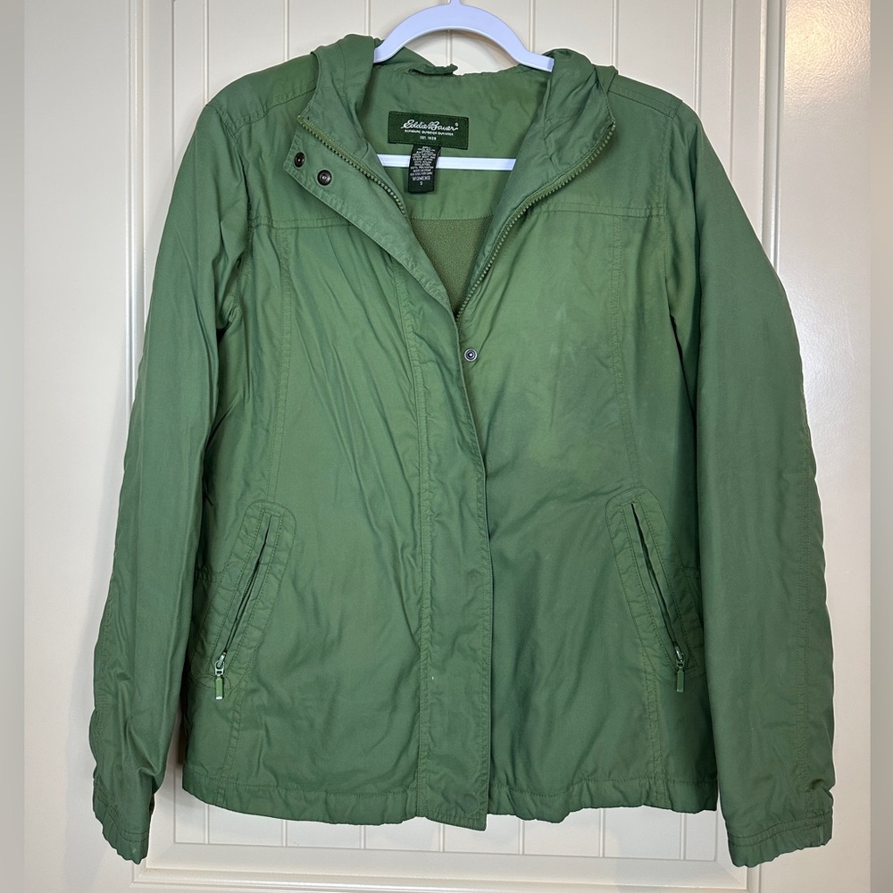 Eddie Bauer womens green fleece lined nylon hooded jacket coat sz S rain outdoor